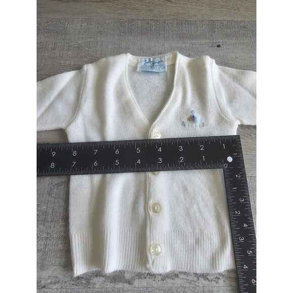 Vintage Julius Berger Baby White Button Up Sweater Cardigan  Baby Blue Bird NB - Picture 7 of 9